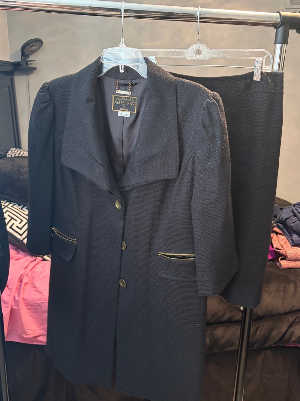 Mary Kay Black Textured Two-Piece Jacket and Skirt Set with Gold Trim